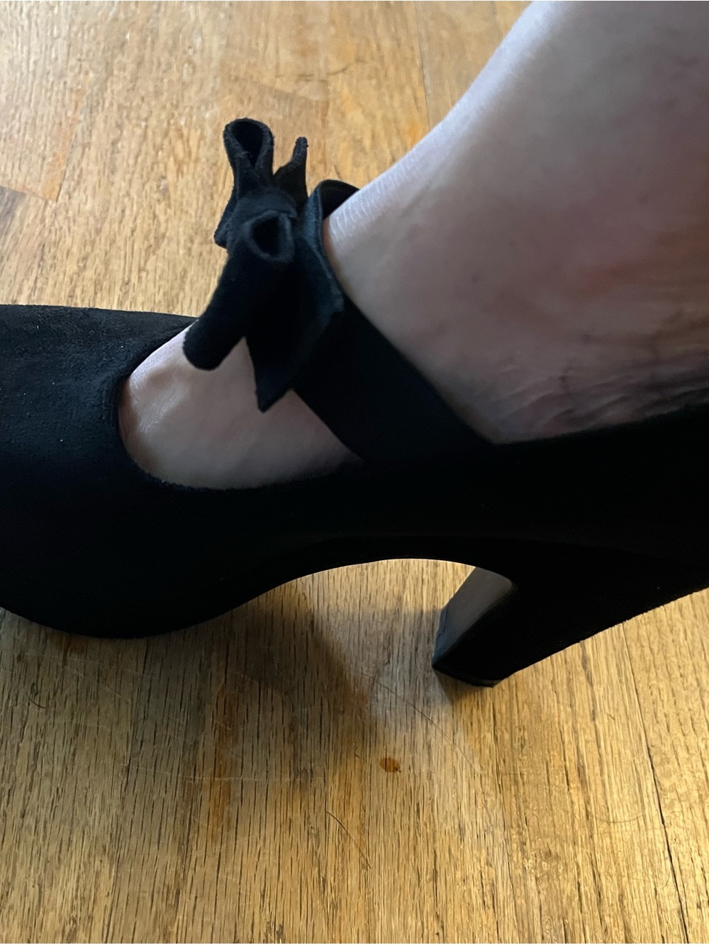 Black Suede Mary Jane Heel with Decorative Bow